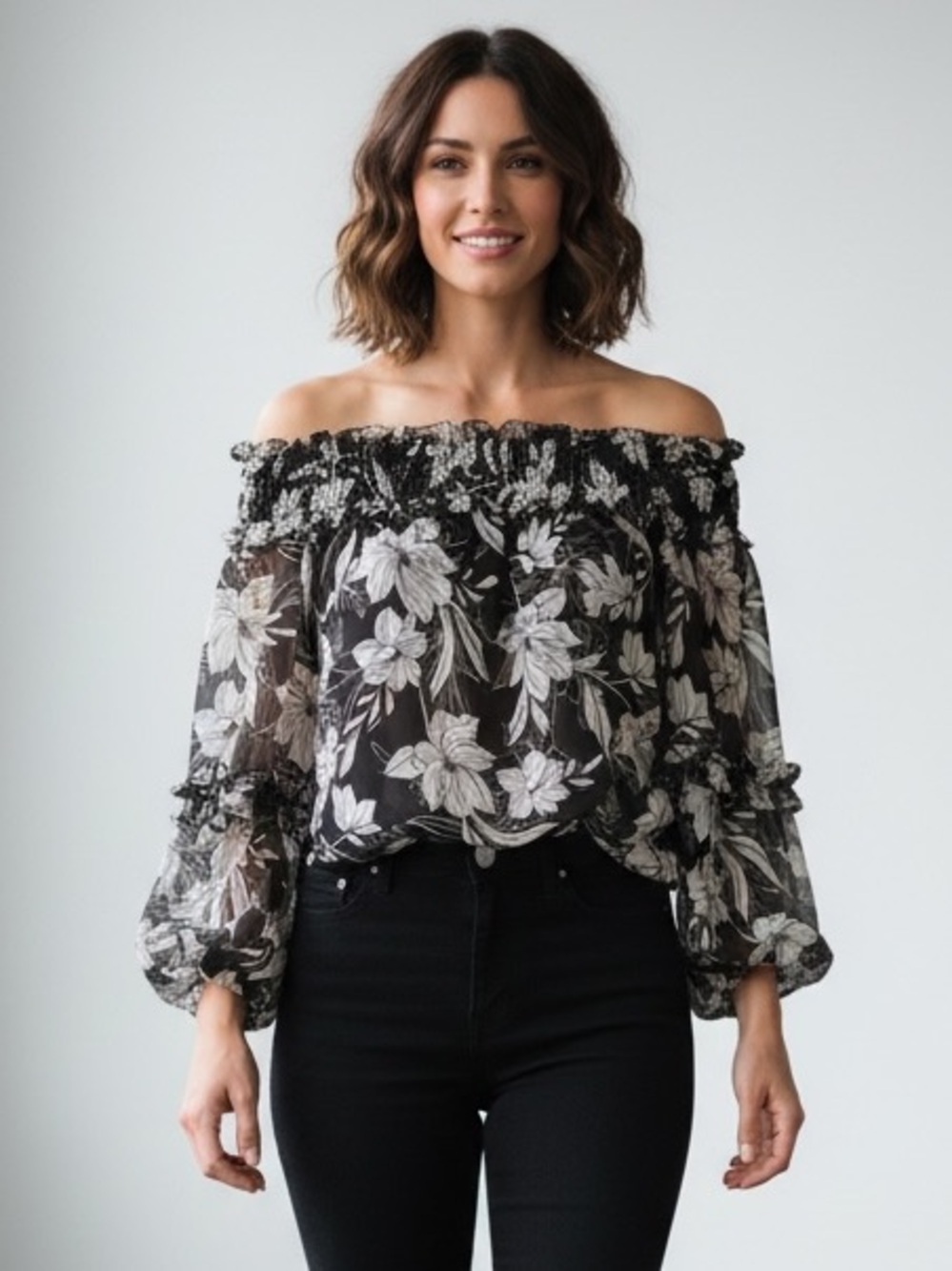 0082. White House Black Market Black Off-Shoulder Floral Blouse
